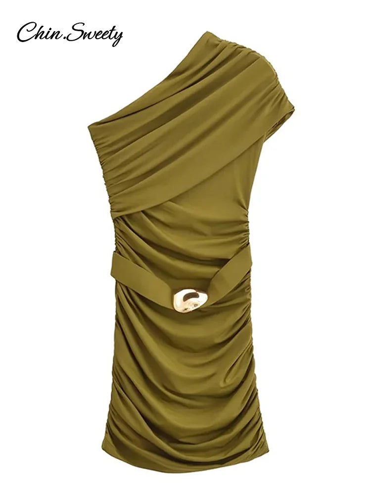 Sexy One-shoulder Pleat Short Dress Women Solid Skew-collar Metal Button Hip-package Dresses 2025 Summer Party Club Vestidos