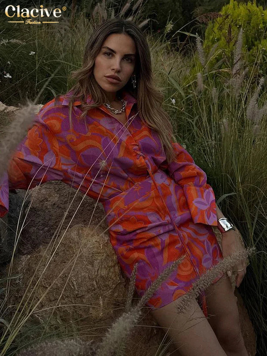 Clacive Fashion Loose Print 2 Piece Sets Women Outfit Elegant Long Sleeve Shirt With High Waist Mini Skirts Set Streetwear