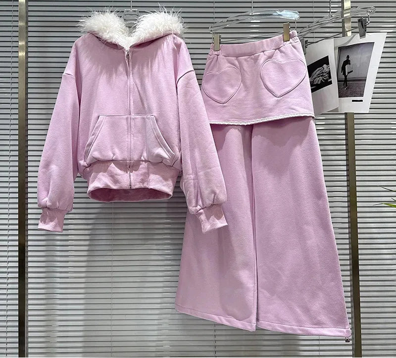 Winter New Sweet Furry Lined Hooded Sweatshirt For Women Elastic Waist Heart Pattern Fleece Long Casual Pants 11A07893