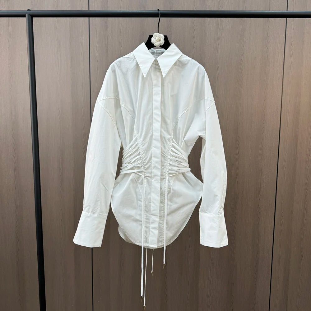 Solid Spliced Lace Up T Shirts for Women Lapel Long Sleeve Patchwork Single Breasted Fashion Top Female Clothing WHITE