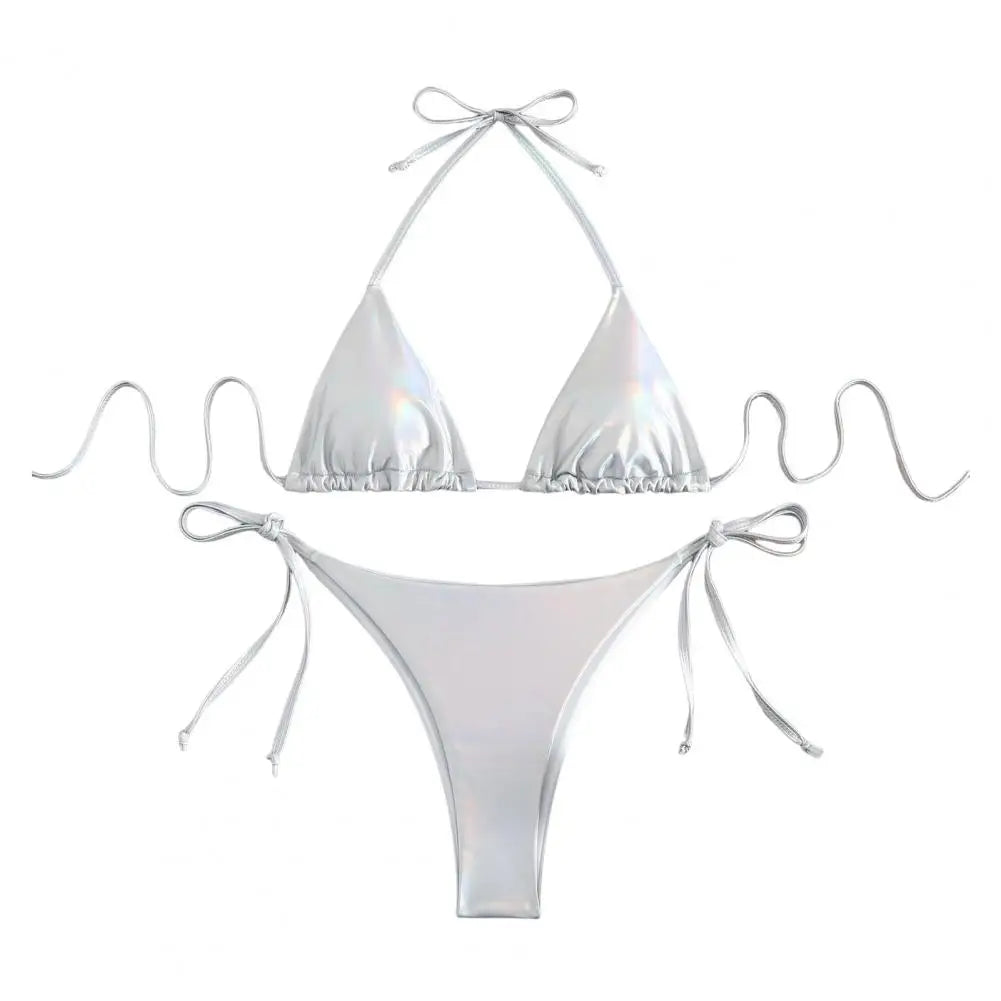 Bikini Women Swimsuit New Gold Halter Lace Up Bikinis Set Sexy Swimwear Beach Cover Up 2 Piece Beach Bathing Suit Female Silver