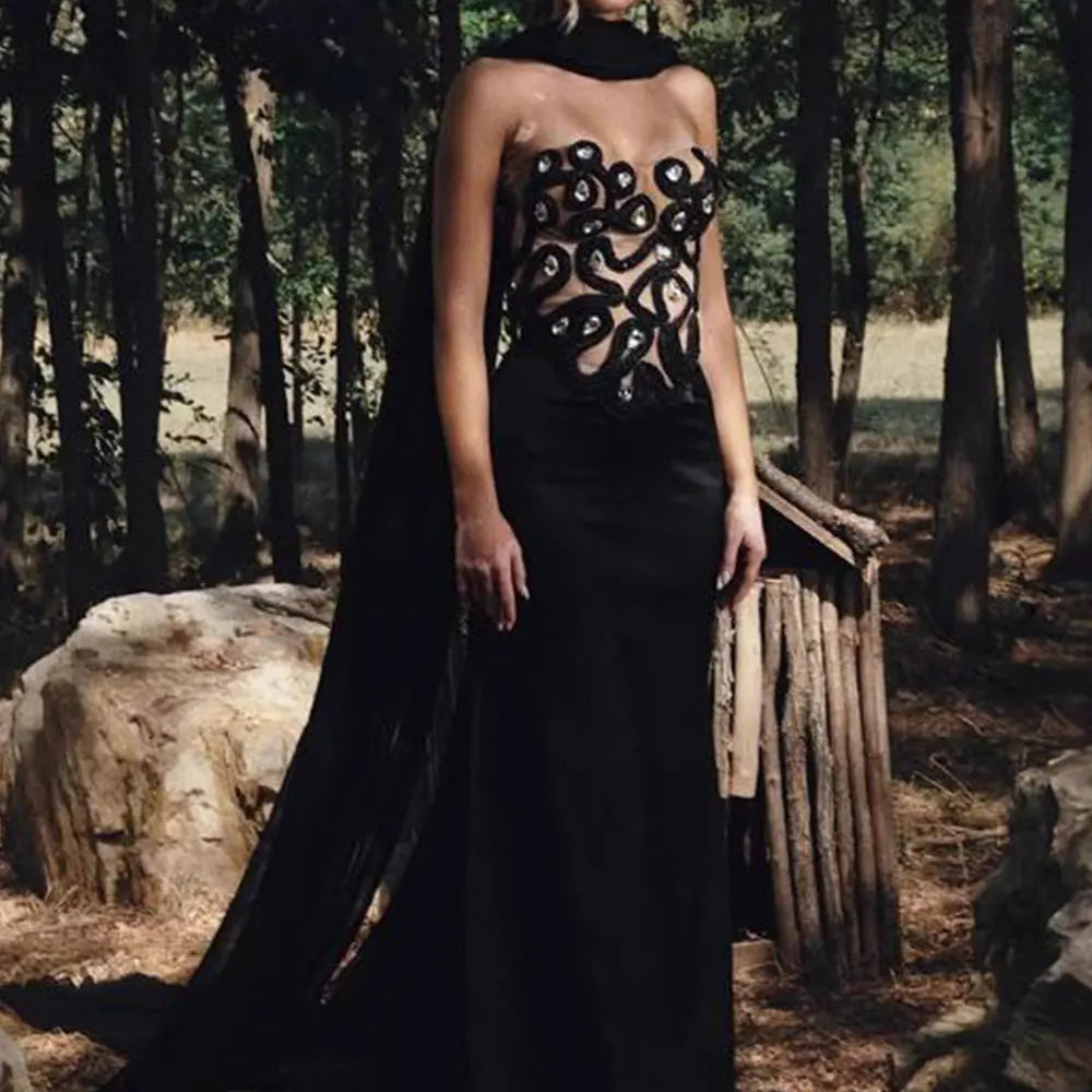 2025 Elegant Women's Light Luxury Nail Bead Patchwork Bandage Dress+Scarf Strapless Sleeveless Bodycon Long Dress Party Vestidos