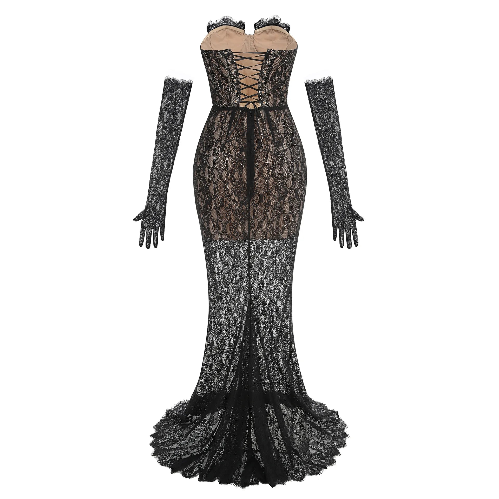 New Summer Black Color Women Sexy Strapless Lace Floor-length Mermaid Dress Gloves Elegant Evening Party Prom Outfit