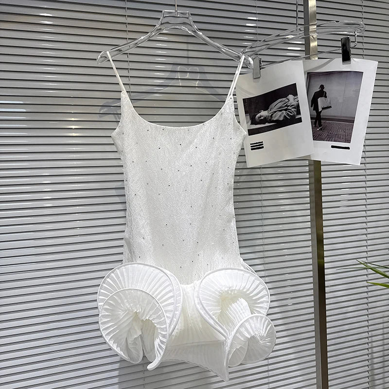 Winter New Fashion Elegant Sweet Rhinestone Ruffle Puff Hem Camisole Dress For Women Evening Party Dresses 11A07663 White