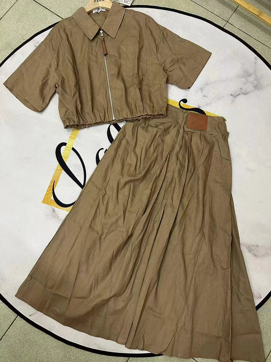 Solid Causal Two Piece Sets for Women Lapel Short Sleeves Spliced Zipper Top High Waist Skirt Set Female Fashion KHAKI