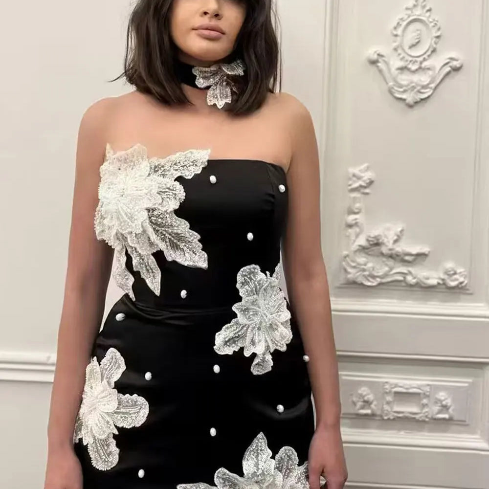 2024 Autumn Wome Strapless Sleeveless Sexy Bandage Dress With Three-Dimensional Flower Bead Design Bodycon Backless Mini Dress