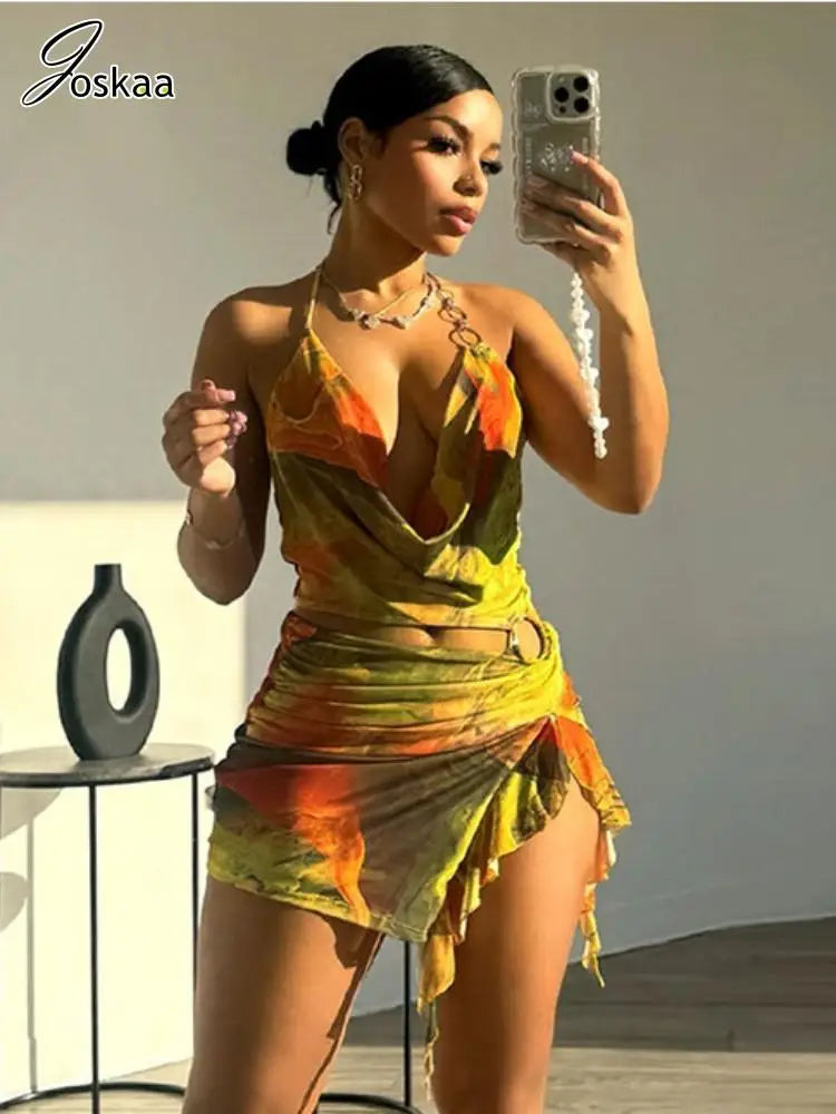 Joskaa Colorful Print Mesh Cutout Irregular Dress Women Hipster Sexy Halter Backless Split Slim Mini Dresses Holiday Wear