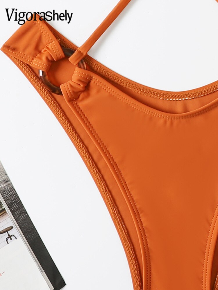 Sexy Brown Halter Swimwear - High Cut Ring Hollow One Piece Swimsuit Monokini Cross Backless Bathing Suit