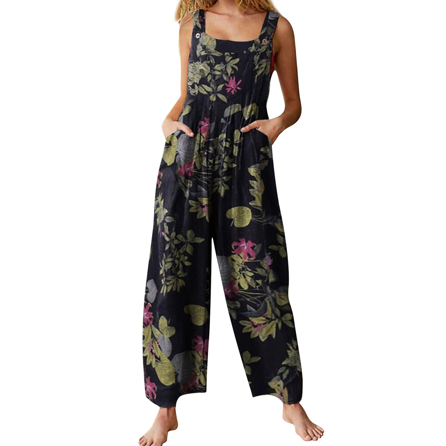 Women Ethnic Style Jumpsuits Summer Overalls Multicolor Square Neck Sleeveless Casual Rompers with Pockets for Girls Playsuit