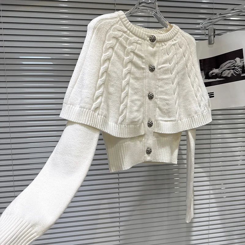 Winter New Elegant Sweet Twist Shawl Fake Two-Piece Knitted Sweater For Women Solid Color Versatile Tops 11A07507