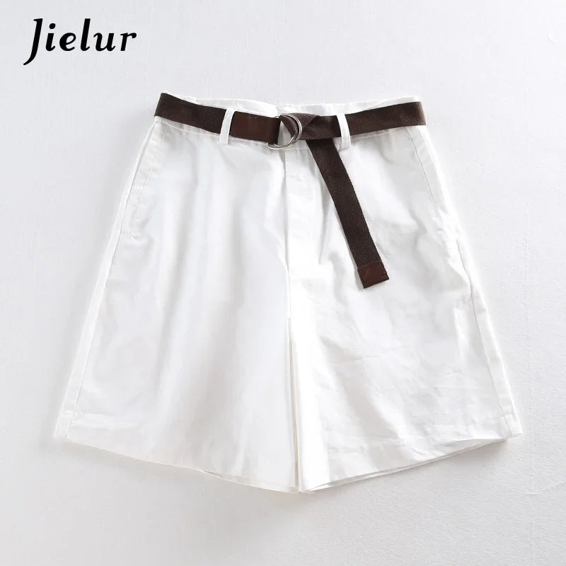 Jielur Shorts All-match 4 Solid Color Sashes Casual Shorts Women A-line High Waist Slim Short Femme Chic S-XXL Ladies Bottom WHITE