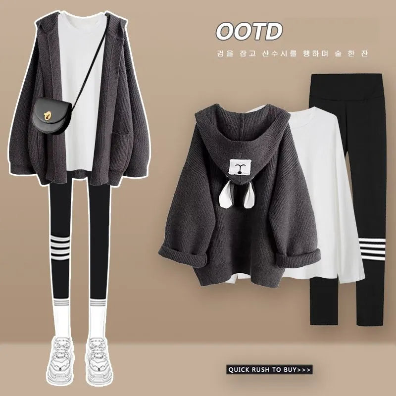 Women's 2024 Autumn New Matching Set Korean Elegant Hoodie Knitted Coat+Long Sleeve+Shark Pants Three Piece Female Clothing Suit Gray Set