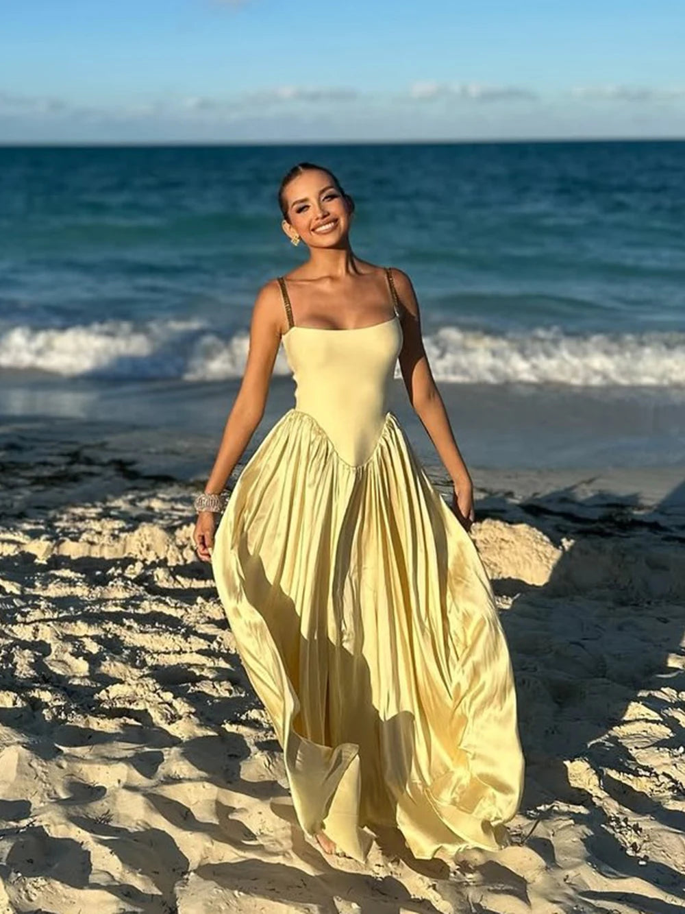 2025 Spring Women's Strap Chain Sleeveless Long Dress Fashionable Slimming Hundred Fold Elegant Dresses Evening Party Vestidos