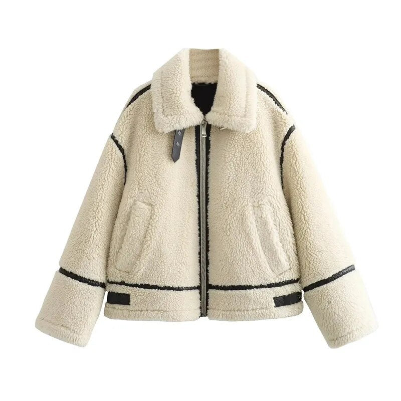 Suninheart Autumn and Winter Faux Fur Jacket with Zipper Women Long Sleeve Warm Jackets Coat Casual Lapel Cold Coat High