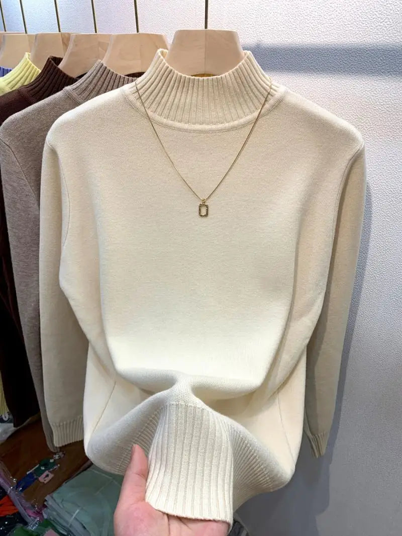 Candy Color Half Turtleneck Sweater Pullover Women Fall Winter Slim Soft Knitwear Jumper Korean Casual Warm Knit Long Sleeve Top apricot