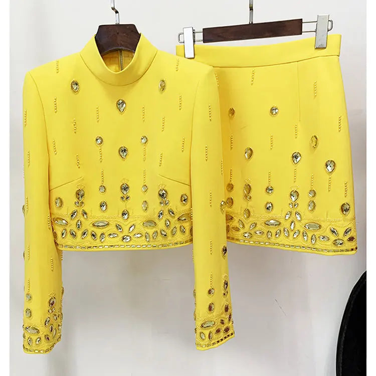 2024 Heavy Industry Nail Bead Inlaid Diamond Short Skirt Set O-neck Long Sleeve Slim Fit Short Top+Nail Bead Skirt Two Piece Set Yellow