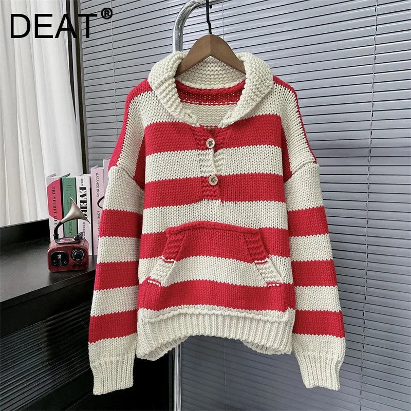Autumn Winter New Lazy Style Striped Contrast Color Thick Knit Pullover Sweater For Women Loose Versatile Top 11A07789
