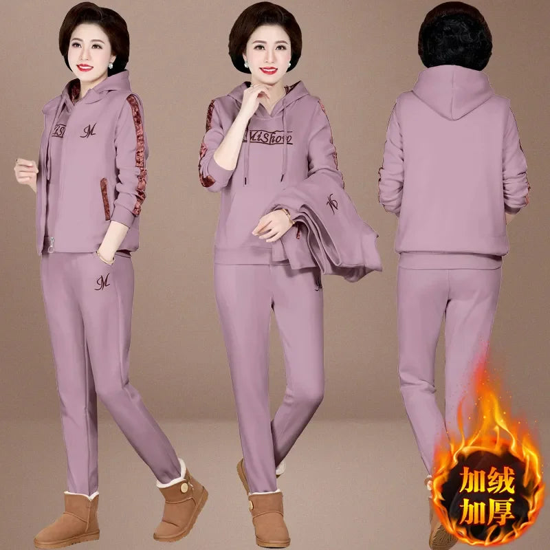 Women's Autumn Winter New Suit Plush Thickened Hooded Tops Waistcoat Pants 3 Three Piece Sets Fashion Plus Size Women Clothing Brown