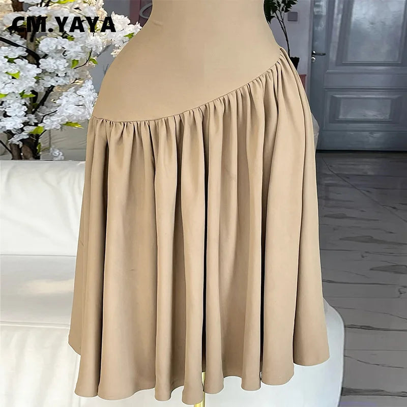 CM.YAYA Women Ruched Shoulder Big Swing Ball Gown Pleated Vintage Dress 2025 Sexy Club Party Evening High Street Dresses