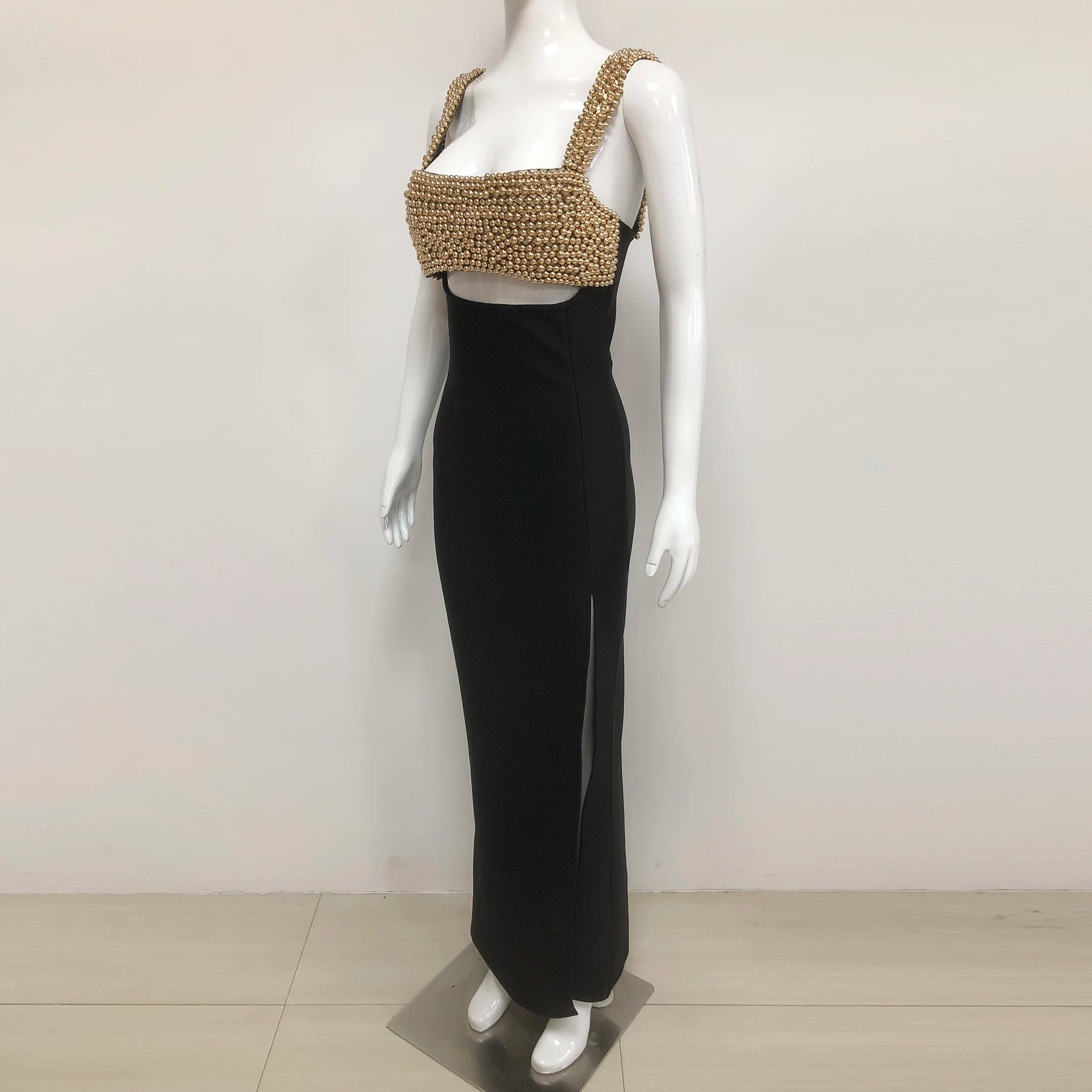 2025 Golden Beading Sexy Hollow Out Black Bandage Ankle Length Dress Fashion Woman Evening Party Dress Celebrity Party Vestido