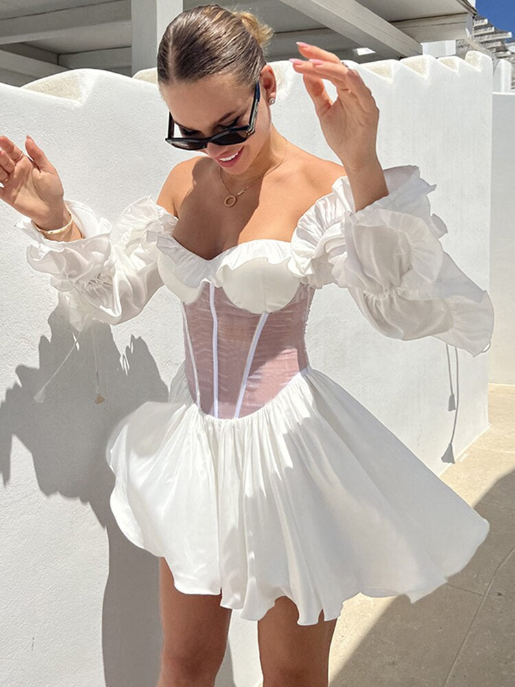 Red Printed Sexy Perspective Show Waist Lace Long Sleeve Mini Dress For Women Summer Beach Dresses Vestidos White