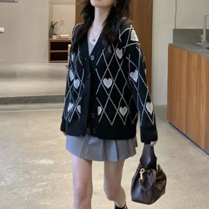 Cardigan tricoté à manches longues pour femmes, motif cœur Argyle, pull Jacquard, manteau de Style amour, hauts Vintage coréens, automne hiver