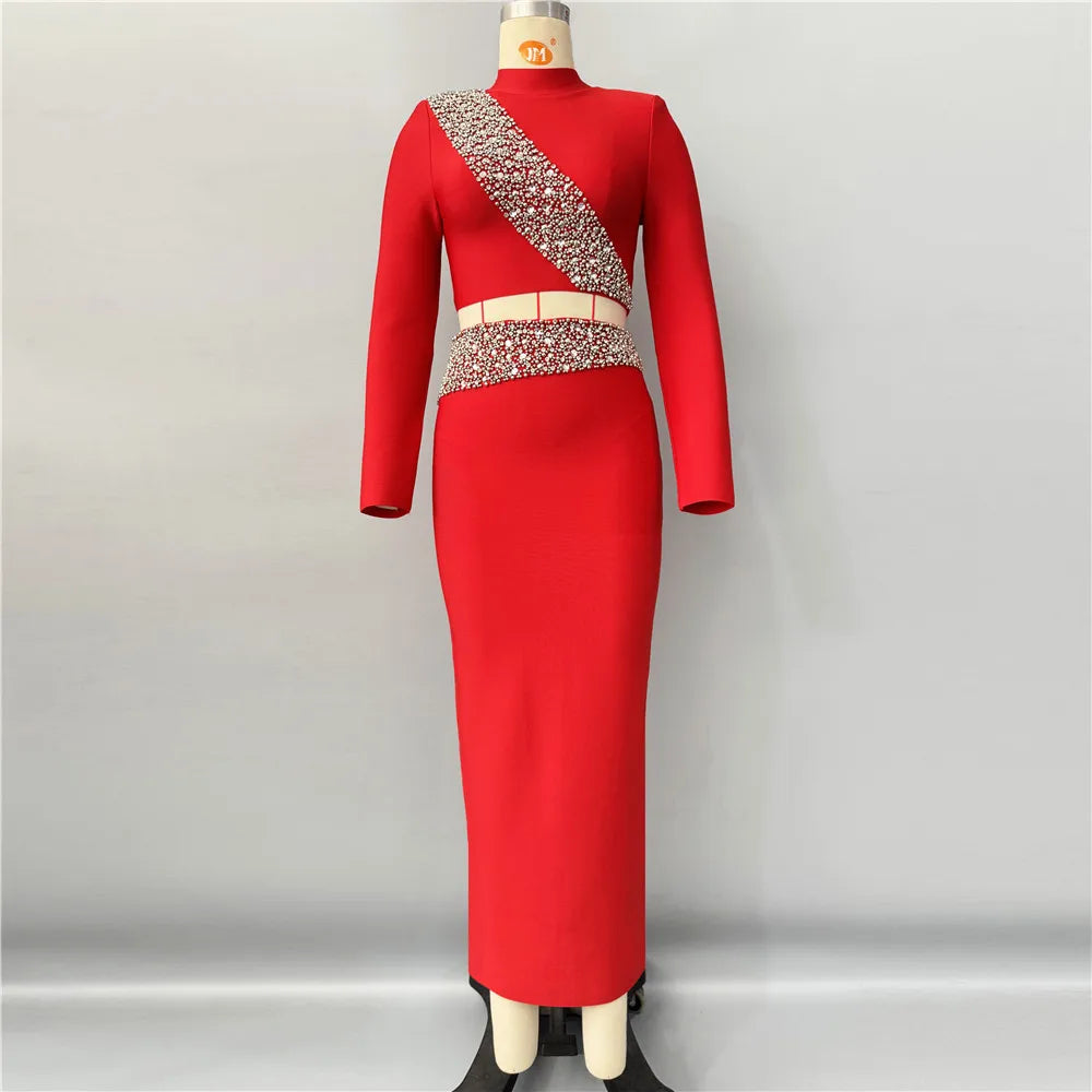 Black Red Women Long Sleeve Shinning Rhinestones 2 Pieces Bodycon Long Bandage Dress Elegant Evening Party Red Carpet Outfit Red