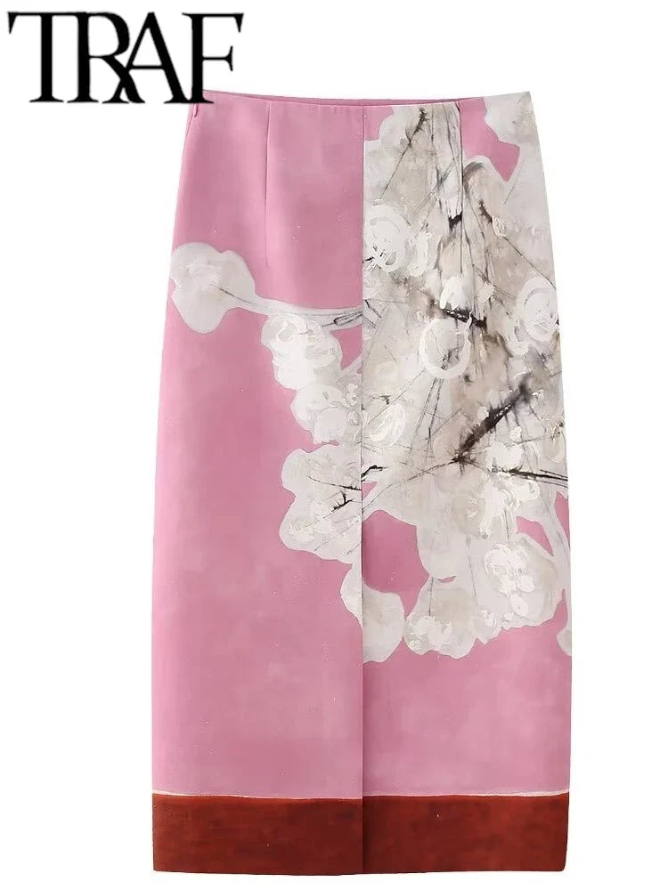 TRAF GAL Summer Spliced Pink Pinted Women Midi Long Skirts Zipper High Waisted Female Split Behind Pencil Skirt Y2K Bottoms