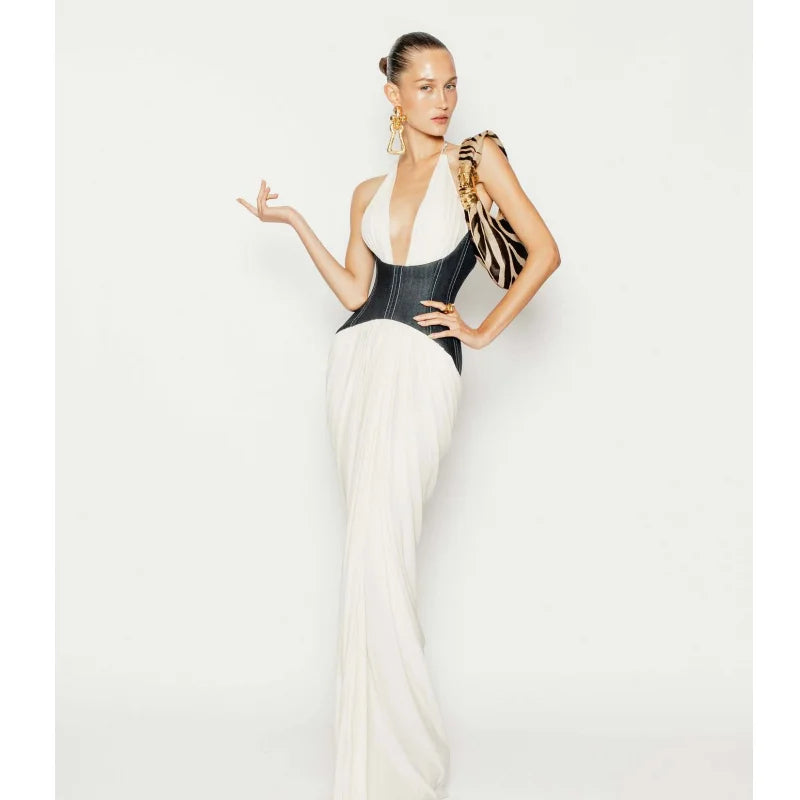 Denim Waistband Patchwork Sexy V-Neck Halter Mermaid Floor Length Dress Fashion Woman Party Dress Holiday Vocation Outfit