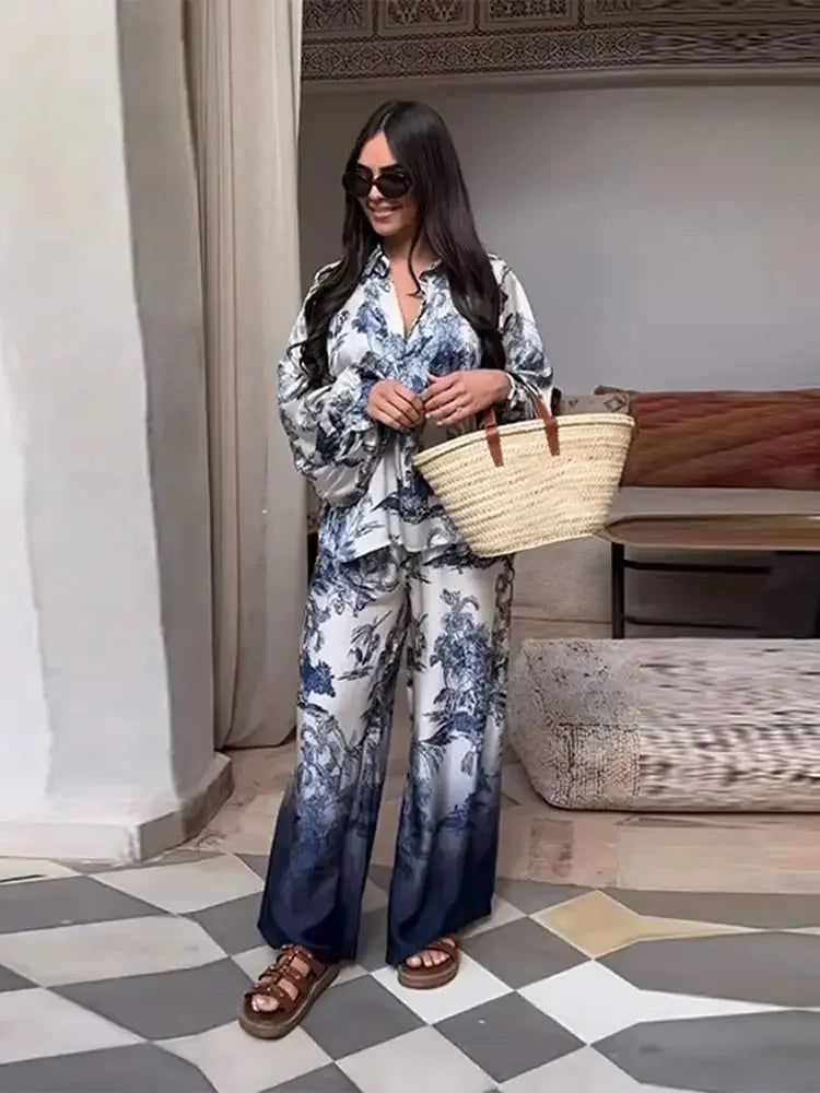 Elegant Women Print Loose Shirt Pants 2 Pieces Set Chic Lapel V Neck Long Sleeve Blouse Straight Pant Suit Casual Lady Outfits
