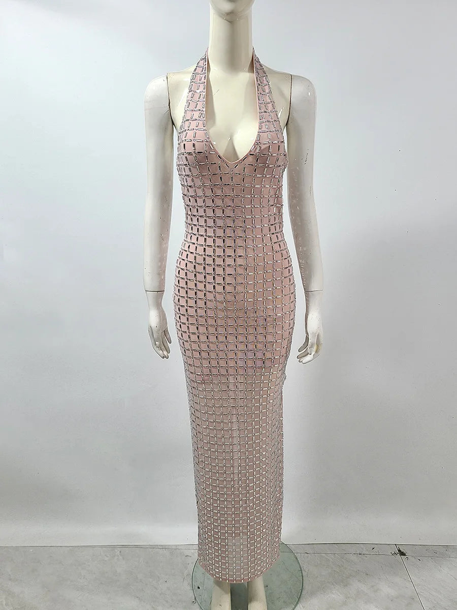 Super Sparkling Diamonds Sexy See Through Mesh V-Neck Sheath Ankel Length Dress Fashion Woman Party Dress Birthday Party Outfit Pink