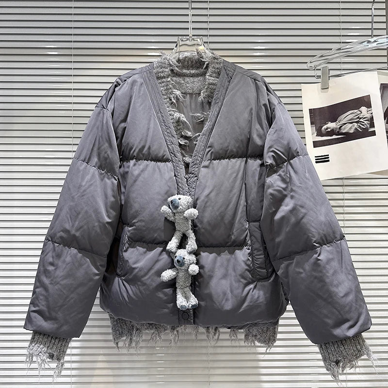 Winter New Sweet Fashion Button Knitted Collar Warm Jacket For Women Loose V-neck Loose Cotton-padded Coat 11A07666 Gray One Size