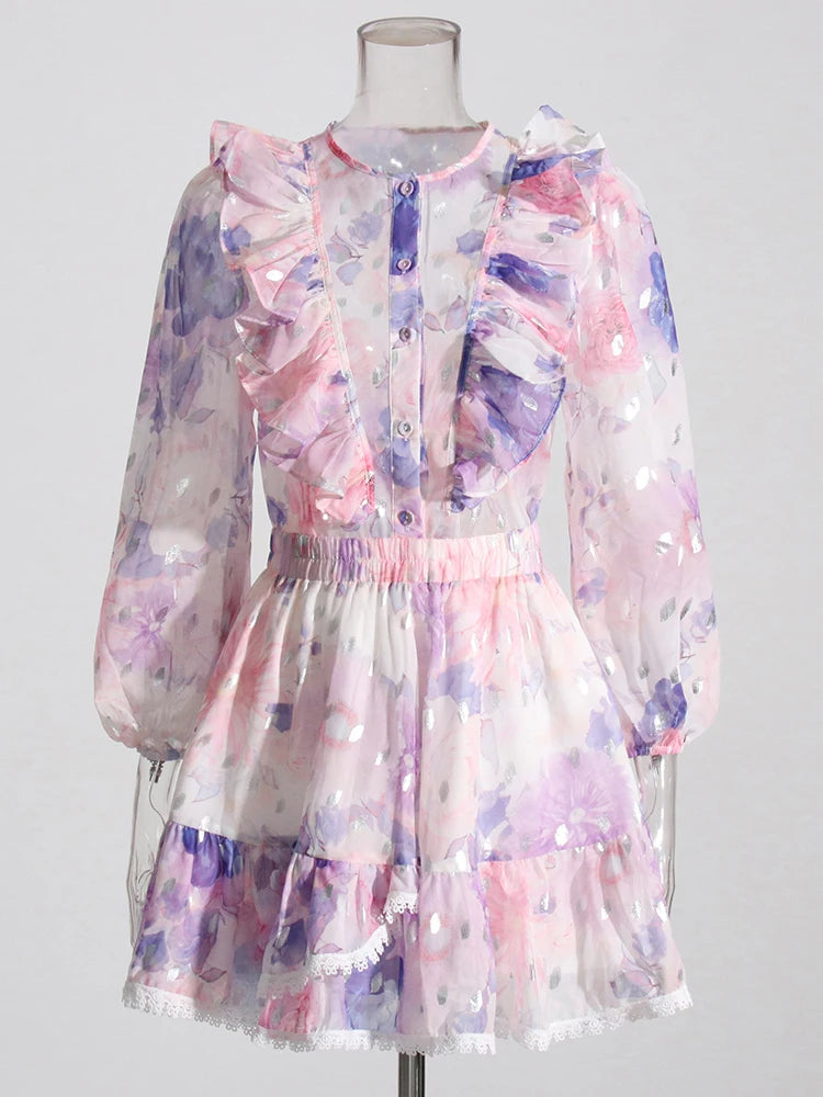 Colorful Two Pieces Set For Women Round Neck Long Sleeve Top High Waist Mini Skirts Summer Mesh Set Female 2024 Clothing New