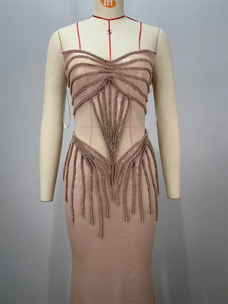 2025 New Shining Sequin Sexy Mesh See Through Strapless Ankle Length Dress Woman Evening Party Dress Celebrity Party Vestido