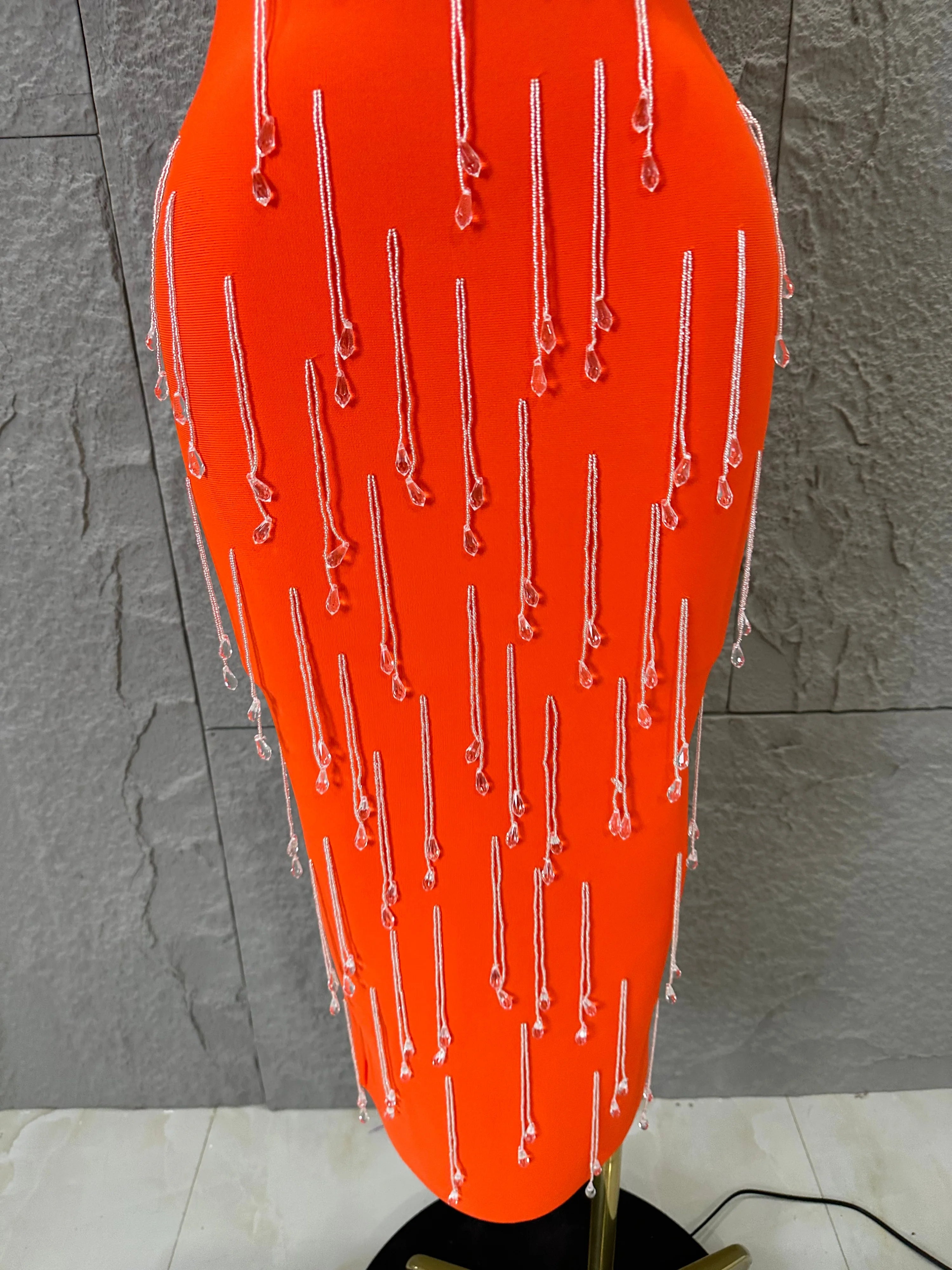 Elegant Orange Crystal Tassel Midi Dress Women Sexy Strapless Rhinestone Fringe Bodycon Slim-fit Outfit Evening Gala Costume