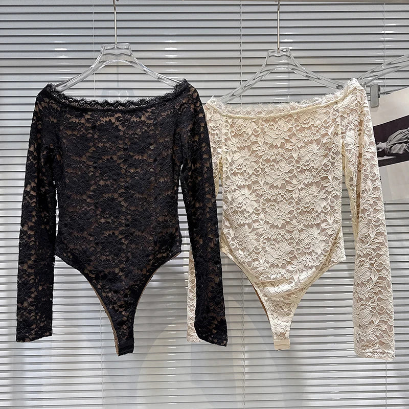 Winter New Fashion Off-Shoulder Lace Base Jumpsuit Top For Women Slim Fit Versatile Solid Color Shirts Female 11A07951