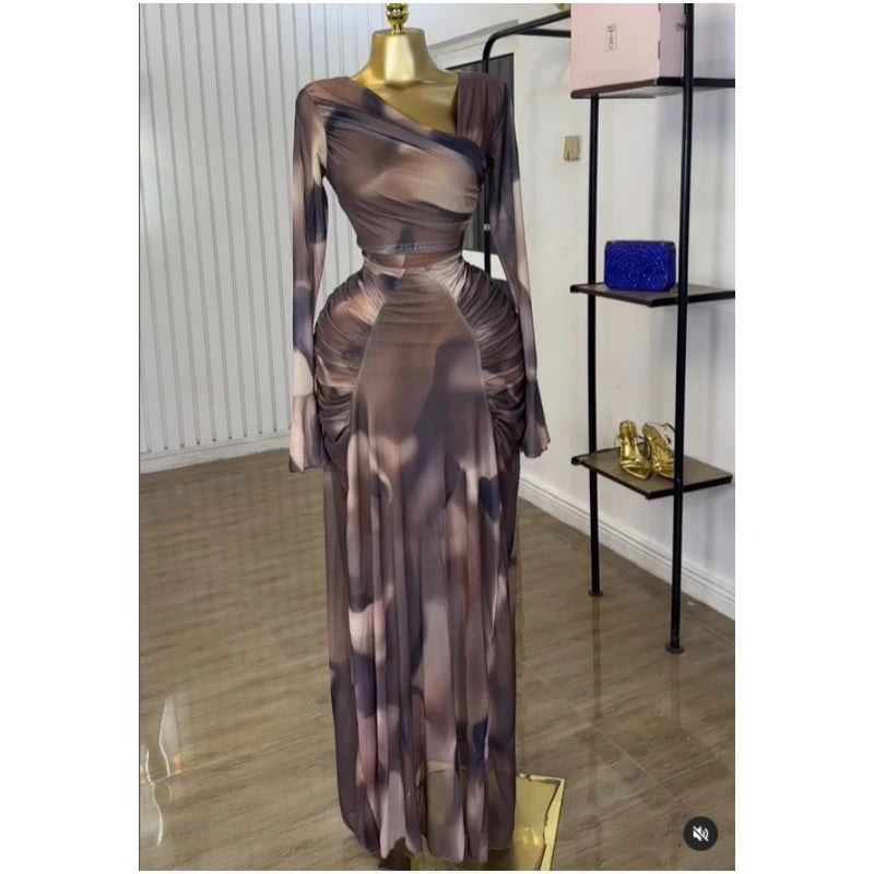 CM.YAYA Women Tie Dye Printed Skew Neck Flare Long Sleeve Ruched Stacked Maxi Long Dress 2025 Summer Birthday Sexy Party Dresses