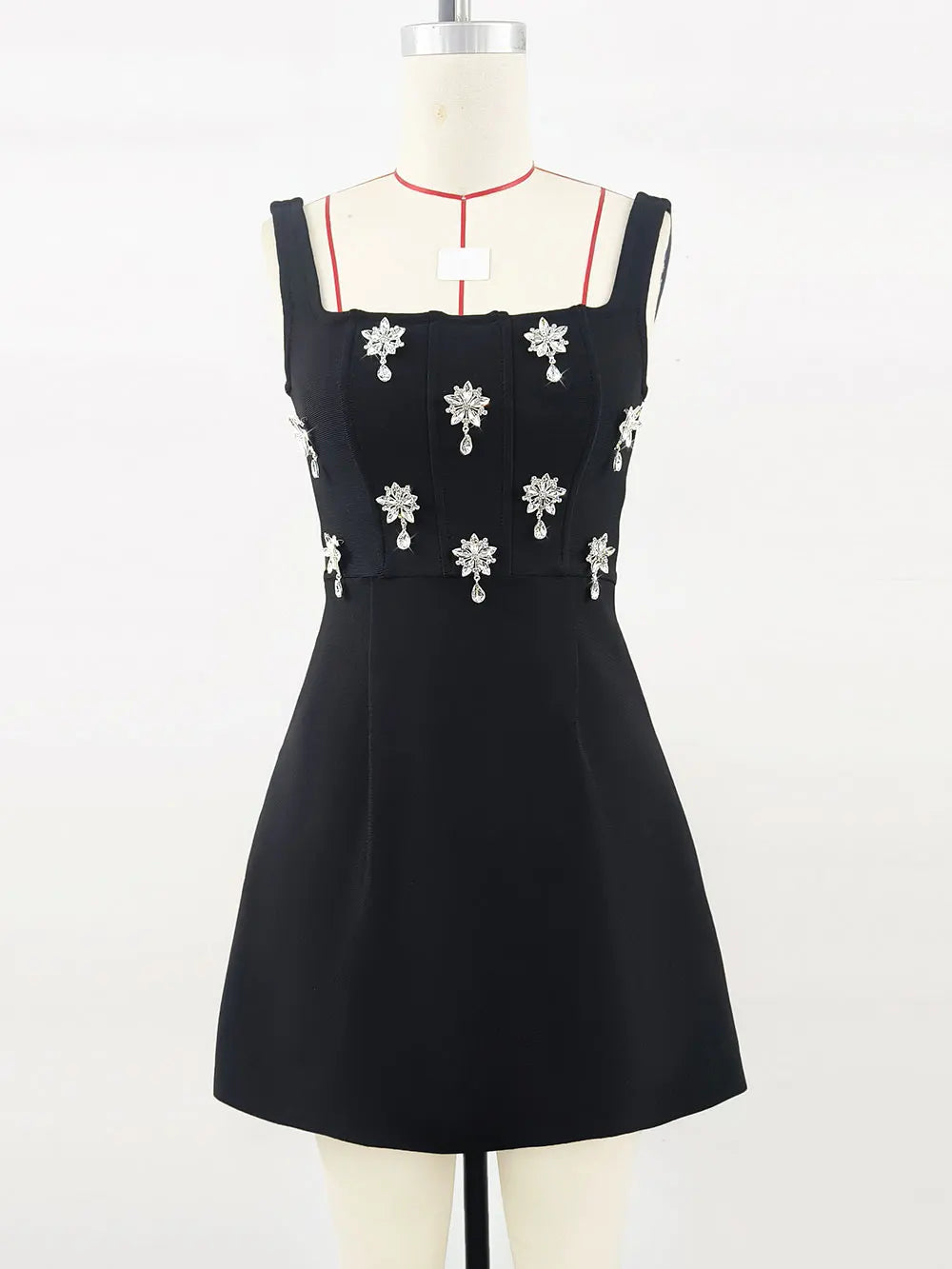 2025 Elegant Women's 3D Diamond Flower Bandage Dress Camisole Sleeveless A-line Mini Dresses Cocktail Banquet Dress Vestidos black