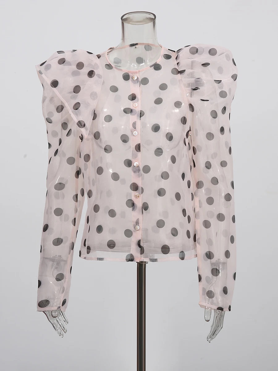 Hit Color Sheer Spliced Wave Point Two Piece Sets for Women Round Neck Long Sleeves Top High Waist Skirt Set Female LIGHTPINKTOP