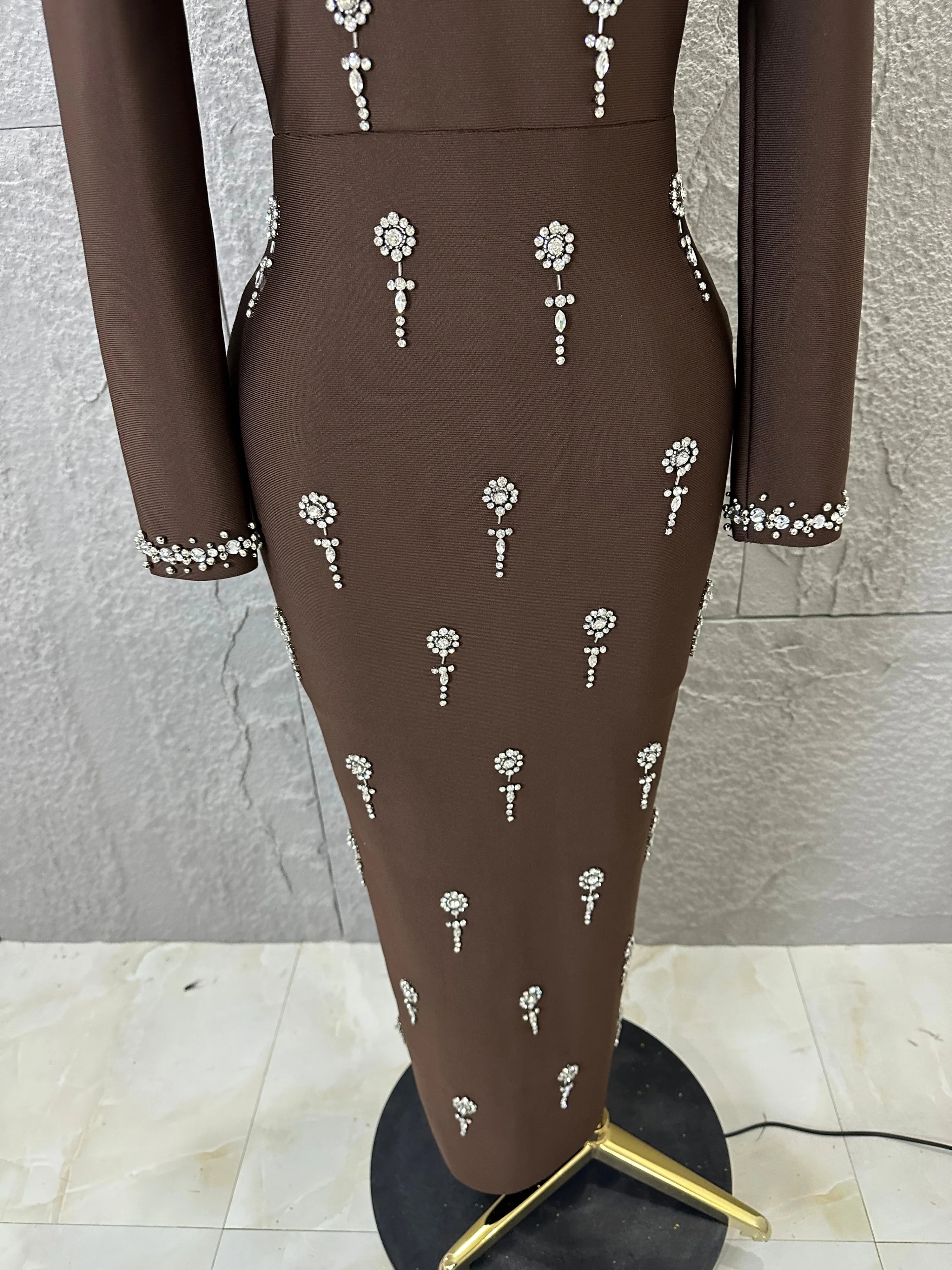 Sophisticated Brown High Neck Maxi Dress Women Sexy Long Sleeve Crystal Pearl Embellished Bodycon Outfit Cocktail Party Costume