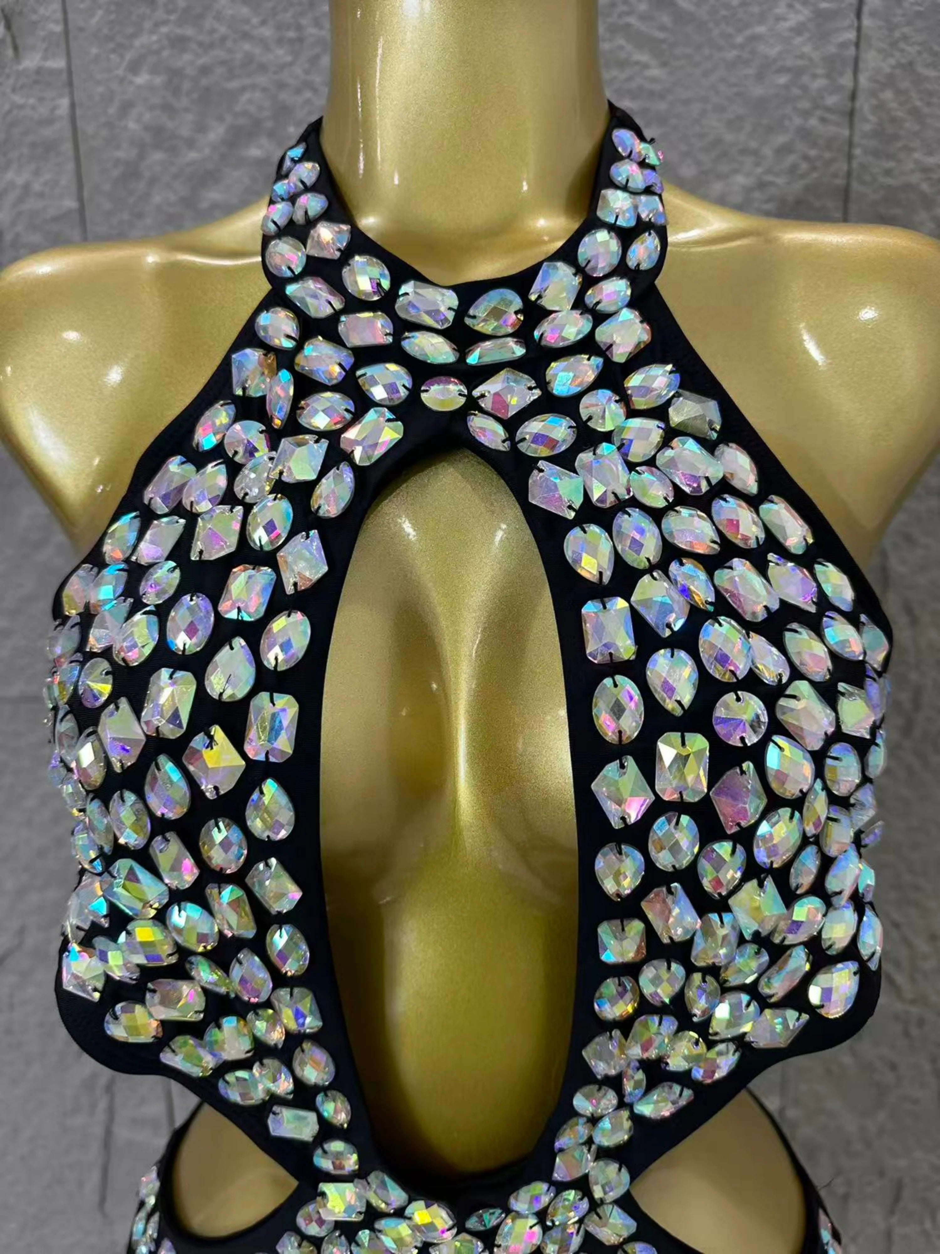 Women Sexy 2026 Luxurious Black Bodysuit Halter Neck Iridescent Crystal Embellished Cutout Outfit Stage Performance Costume