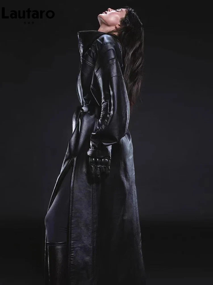 Autumn Extra Long Oversized Pu Leather Trench Coat for Women with Double Side High Slit Luxury Designer Runway Fashion