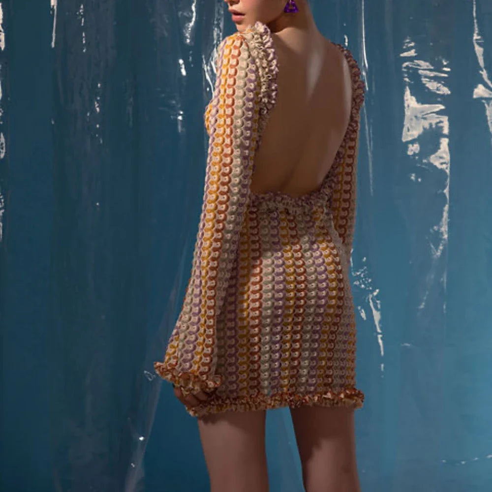 Backless Knitted Beach Dress Women Fashion Hollow Out Mini Boho Dress Summer Elegant Colorful Long Sleeve Bikini Cover Up 2024