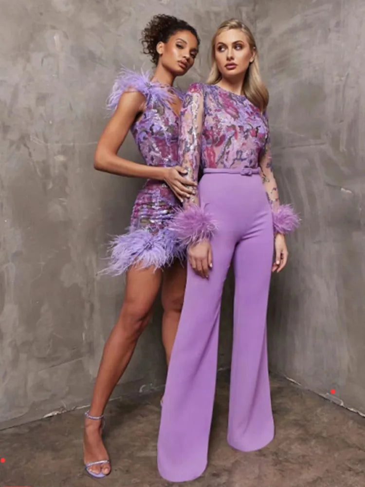 Light Purple Color Women Sleeveless Sexy V-Neck Bodycon Mini Dress Sequins Feathers Celebrate Birthday Party Cocktail Dress