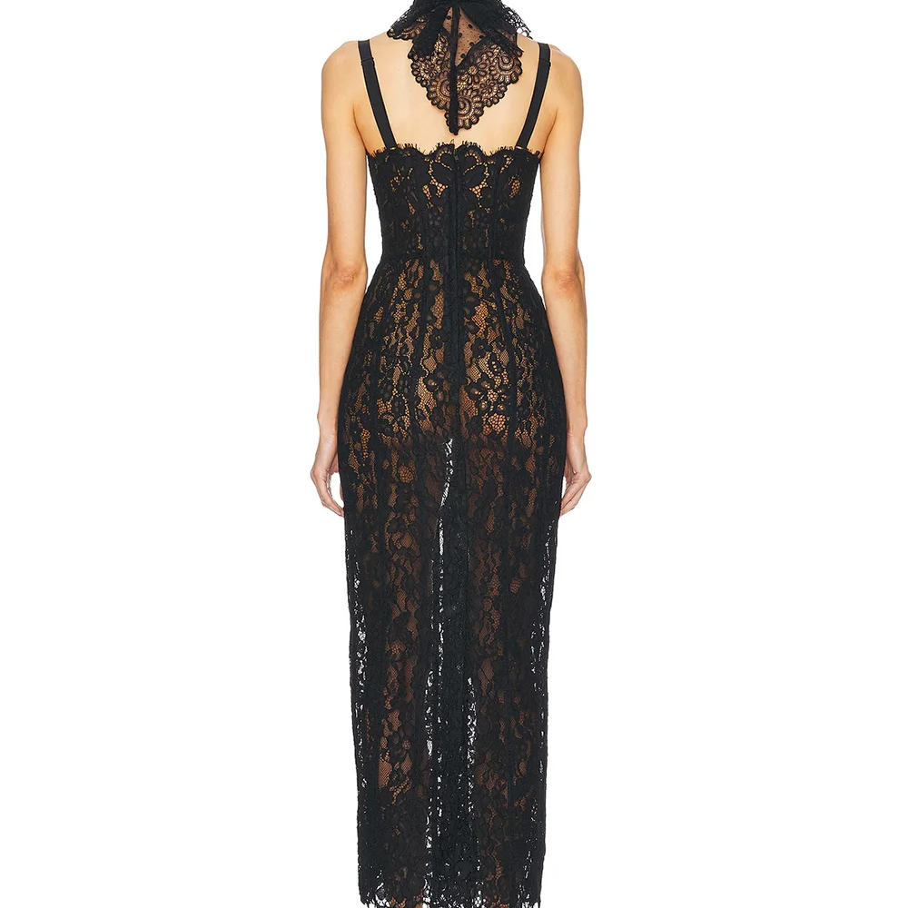 Elegant Lace Spaghetti Strap Long Dress Women Slim Sleeveless Sling Evening Party Gowns 2025 Summer New Female Fashion Robe