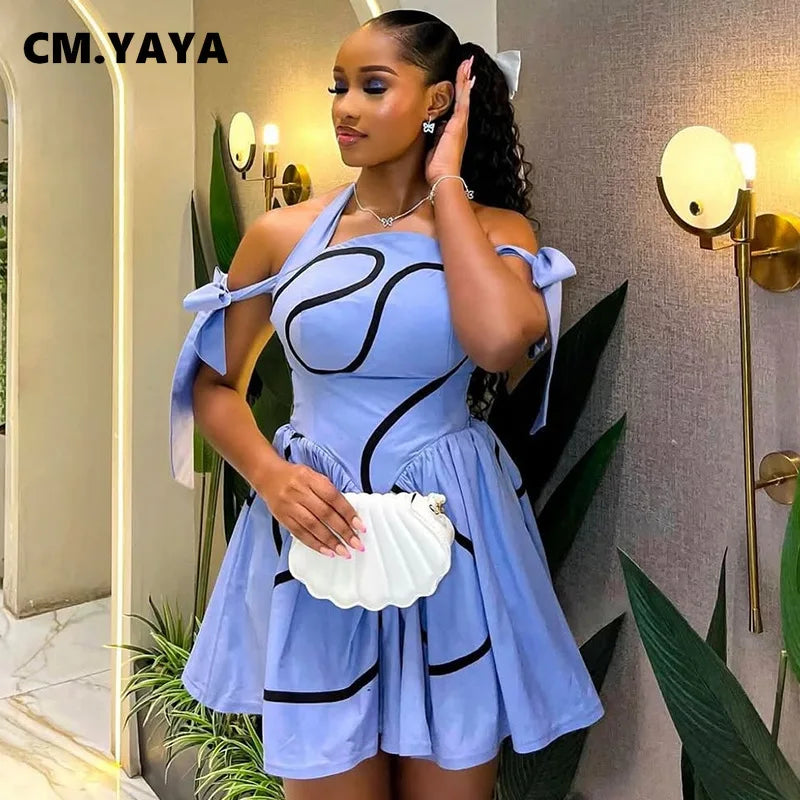CM.YAYA Summer Women Bowknot Shoulder Halter Neck Geometric Striped Big Swing Dress Streetwear Night Club Party Dresses Vestidos