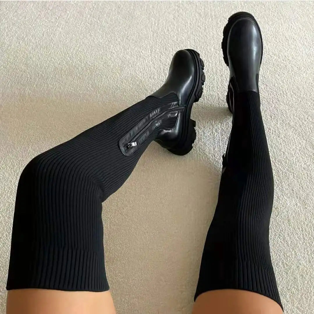 Women's Cotton Boots Winter Autumn Over The Knee Long Tube Leather Knitted Stitching Boots Fashion Female shoes black