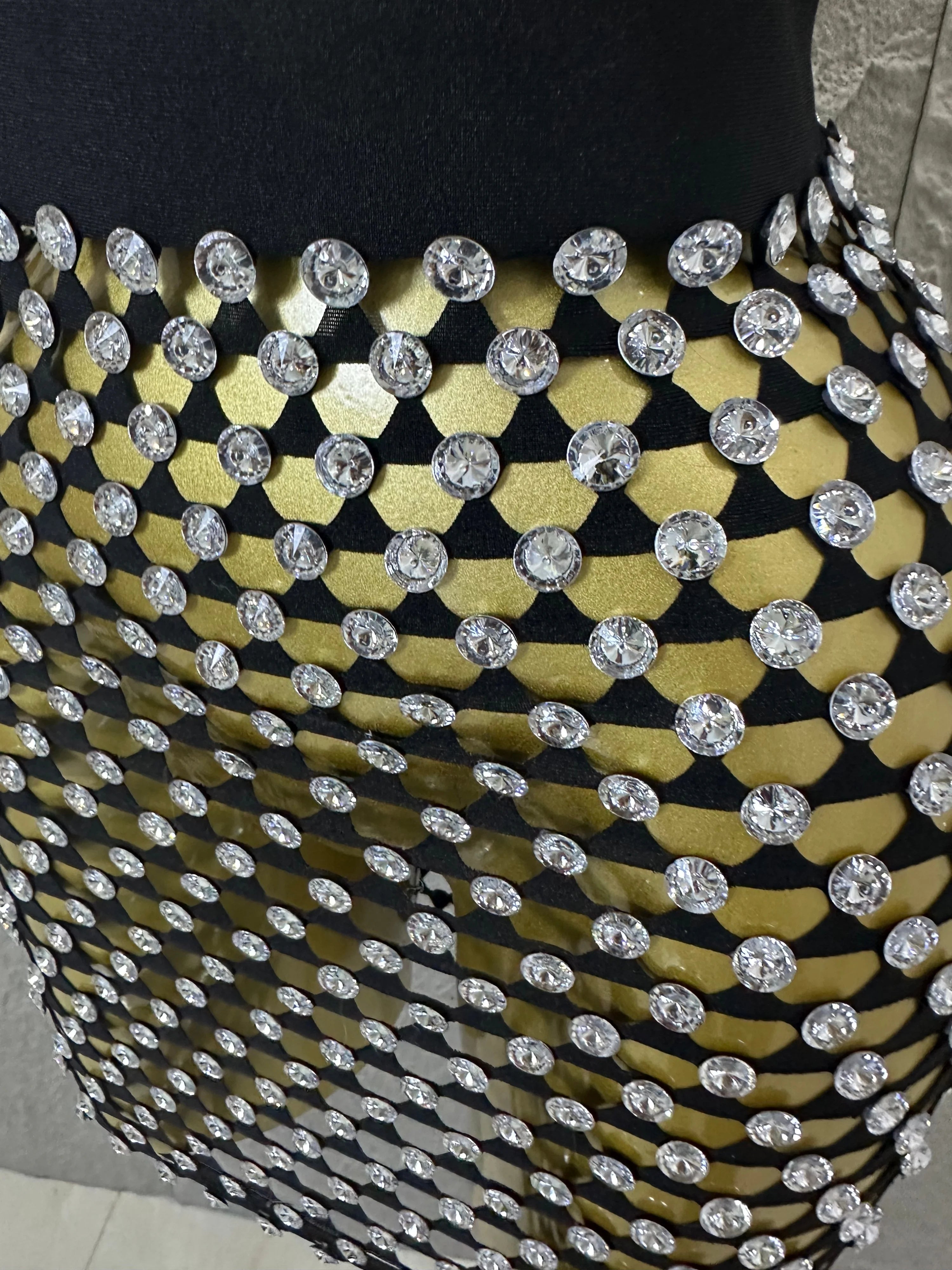 Luxury 2026 Glamorous Black Mesh Halter Mini Dress Sparkle Rhinestone Gold Silver Bead Bodycon Bar Stage Performance Costume