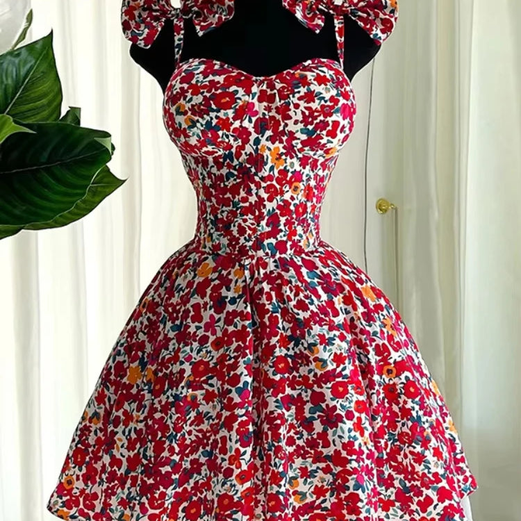 Women Floral Printed Sleeveless Bowknot Strap Big Swing Mini Dress 2025 Evening Sexy Beach Party Birthday Street Dresses