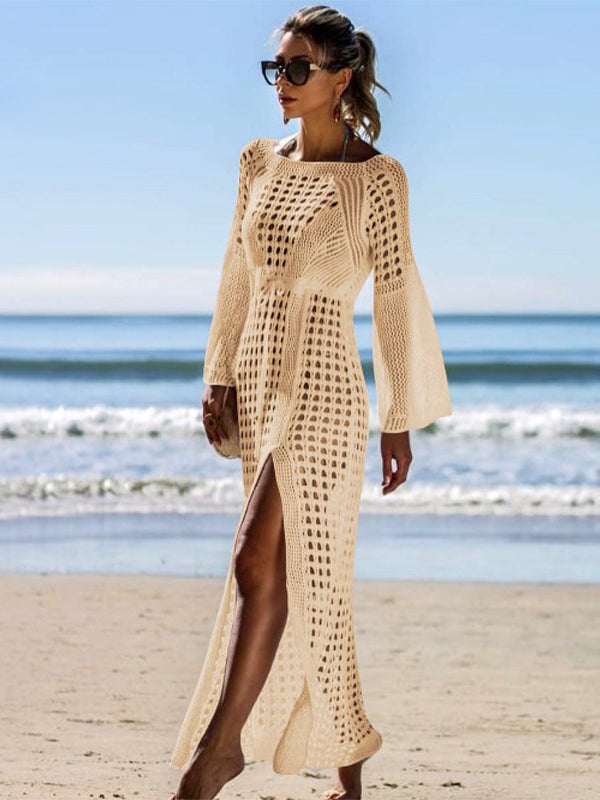 Sexy Empire Hollow Swimwear Cover-ups Long Crochet Dress Beach Outfits for Women One-pieces and Cutout Summer Clothes Swimsuit Beige One Size